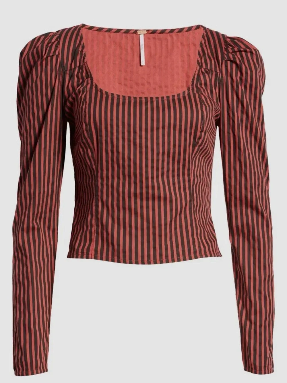 Free People Women's Red Striped U-Neck Long Sleeve Blouse Top Size L